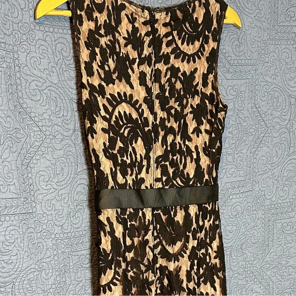 Adrianna Papell Evening Gown. Size 6, Floor Length. Black lace overlay, tan slip - Picture 6 of 11